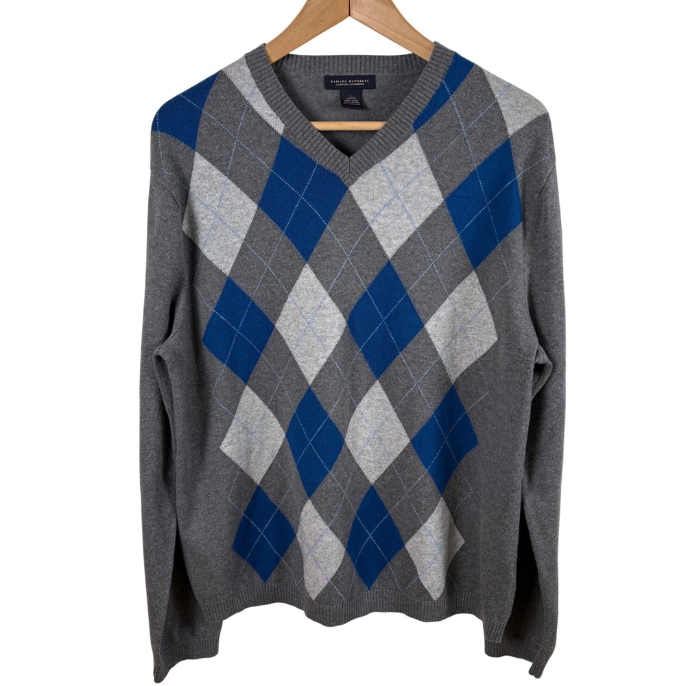 Banana Republic Men's L Argyle Cotton Cashmere V-Neck Sweater Gray‎ Blue Grandpa